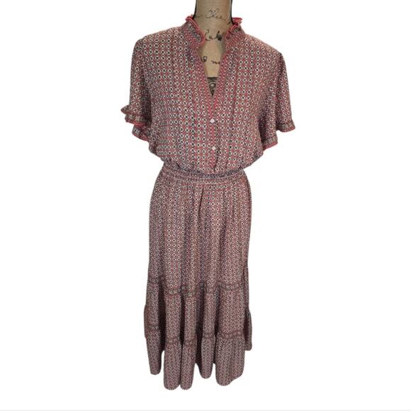 Max Studio Dresses & Skirts - Boho Midi Dress Ruffle Neck Short Sleeve Geometric Print Smocked Waist